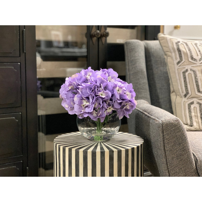 Hydrangea in a Round Glass Vase with Realistic Looking Acrylic Water, Lavender, 9" H x 9" W x 9" D