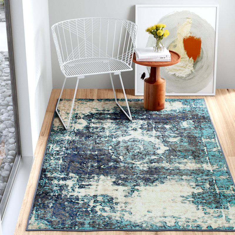 Tapis performance bleu à motif abstrait rétro tissé à la machine Kazu, Rectangle 12 pi x 15 pi