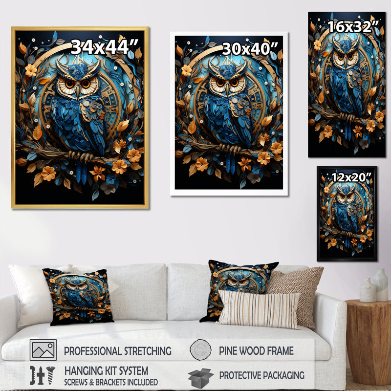 Représentation fantastique d'un hibou enchanté, Encadrement argenté, H 20 po x l 12 po x P 1 po
