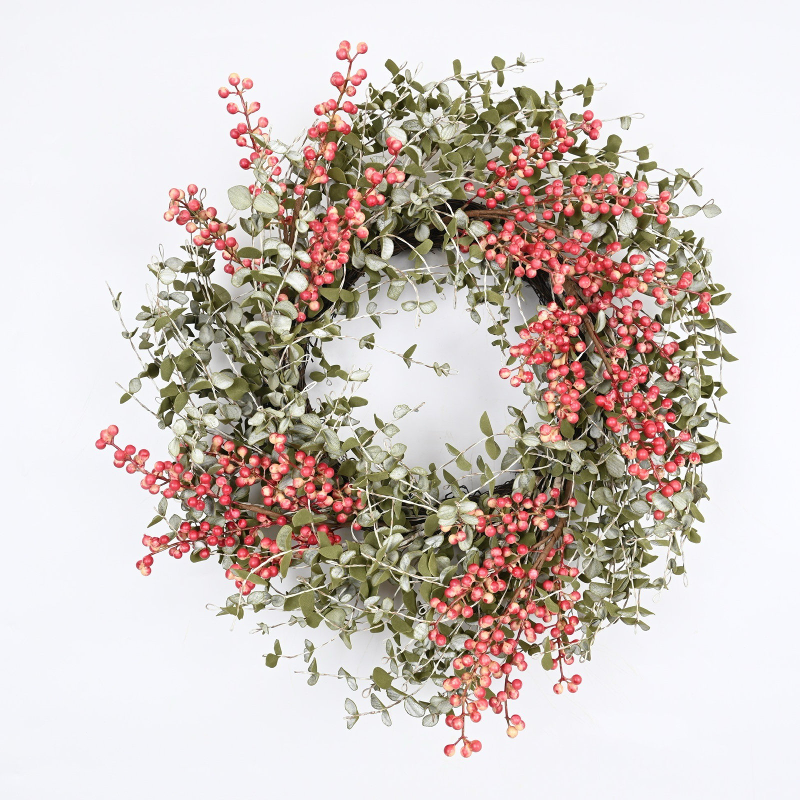 Latunja 24" Handcrafted Eucalyptus No Holiday Wreath, Green/Red