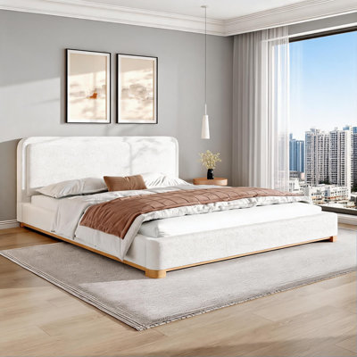 Très grand lit plateforme tapissier moderne avec tête de lit courbée, base en bois massif, aucun sommier tapissier requis, finition blanche