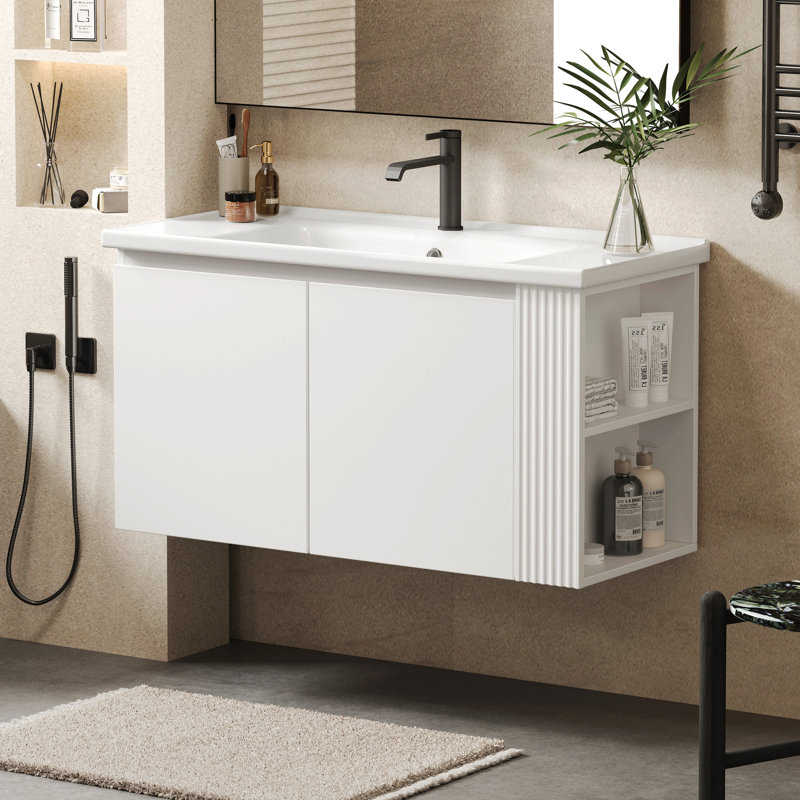 Meuble-lavabo mural moderne et polyvalent de 91 cm (36 po) avec lavabo en céramique, meuble-lavabo suspendu avec poignées à 45 degrés, portes à fermeture douce et 2 étagères latérales ouvertes, grand espace de rangement, blanc