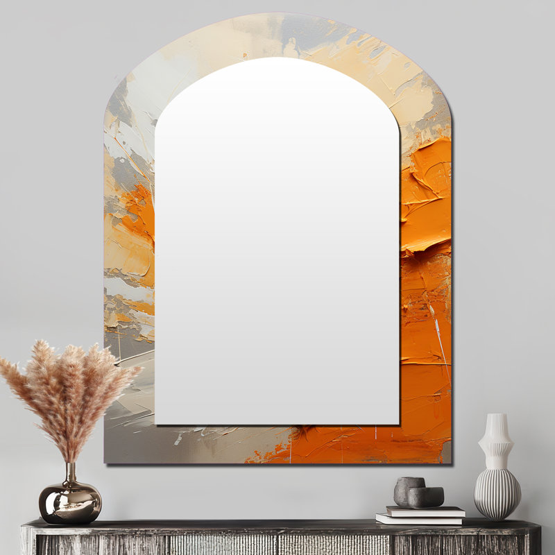 Échos orange et beige de formes modernes I - peinture abstraite, miroir décoratif asymétrique, grand miroir mural arqué moderne, impression d'art en métal