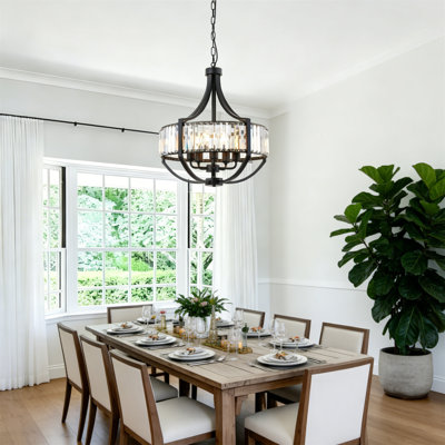 19.69" Matte Black Crystal Drum Chandelier, Modern Farmhouse 5-Light Iron Pendant Light with Adjustable Chain for Dining Room Foyer