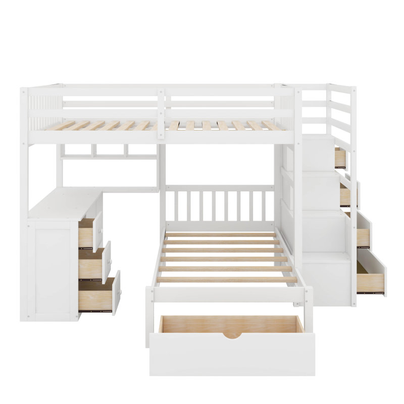 Lit superposé double au-dessus de simple avec tiroirs, bureau et tablettes, Blanc