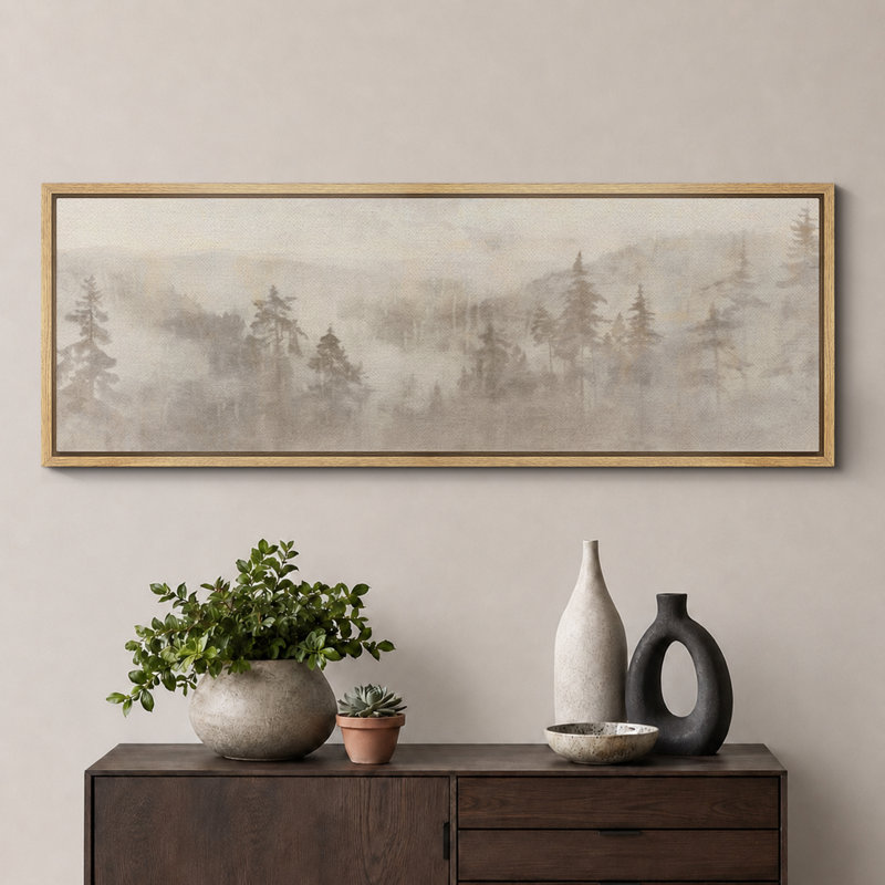 «Woodland Forest Landscape Misty Forest Soft Neutral Landscape Illustration Modern Large Large Canvas Art, art mural»
