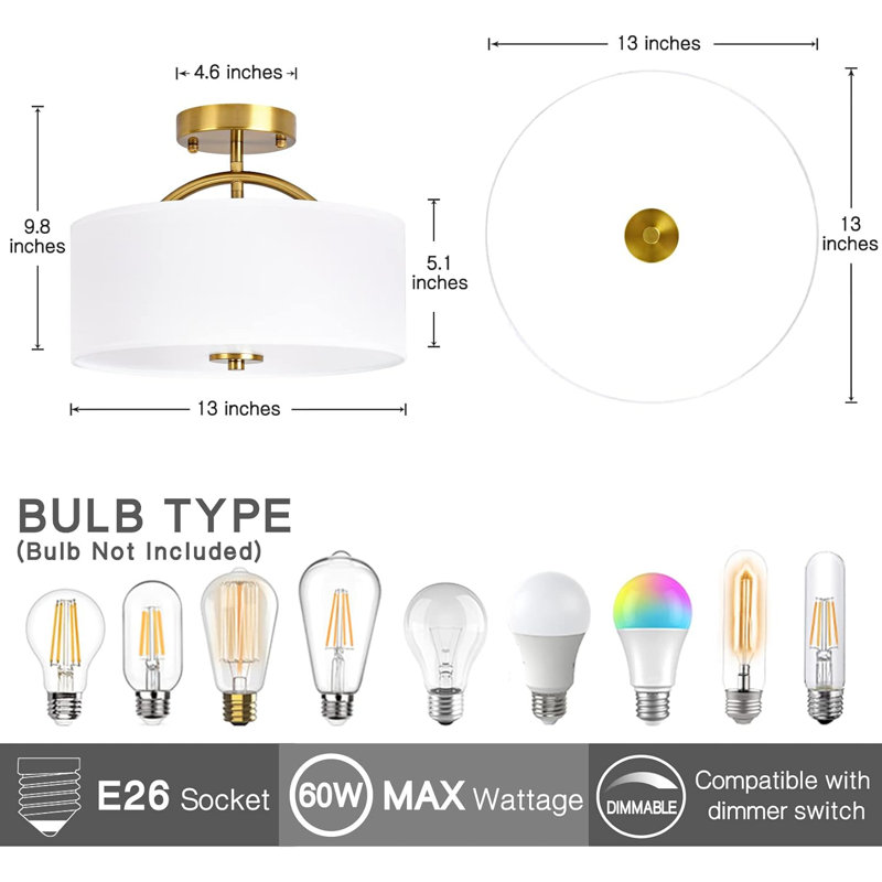 Maizee Flush Mount Ceiling Light,13 Inch Mid Century Modern Ceiling Light Fixture,Antique Brass With Fabric Shade,3-Light Drum Light Fixture For Bedroom,Dinning Room,Foyer And Kitchen