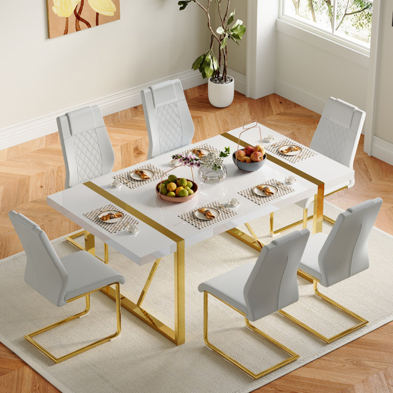 Neguta 6 - Person Dining Set, Modern Rectangular Dining Table Set with 6 Luxury Faux Leather Dining Chairs, White/Gold, Gold