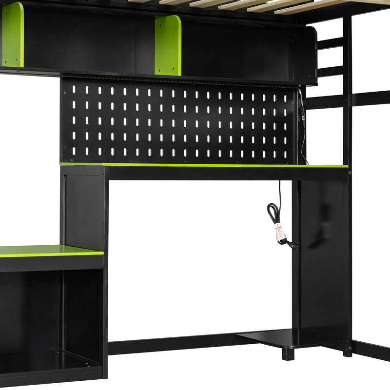 Lit mezzanine double avec bureau d'ordinateur, étagères et lumières de bibliothèque, prises de courant, Vert / noir