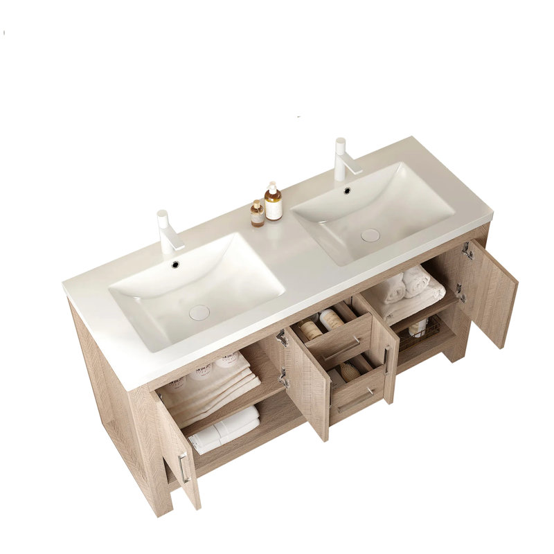Meuble-lavabo de salle de bain 60 po, 2 lavabos, lavabo en acrylique, armoire en contreplaqué, chêne, 4 portes, tiroirs, pré-assemblé, meuble-lavabo moderne charmant de 60 po, rangement, tablette ouverte, blanc et étapes d'installation rapide