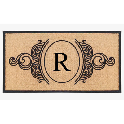 Tapis de porte en fibre de coco naturel et en caoutchouc monogrammé à la main Jahkobe Floral - 30 po x 60 po, robuste, durable et durable