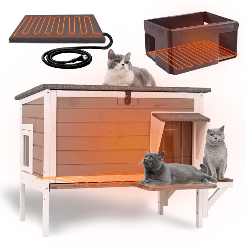 Large Outdoor Heated Cat House with Insulated Liner, Weatherproof Feral Cat Shelter with Heating Pad, Openable Roof & Secure Escape Doors for 1-3 Cats
