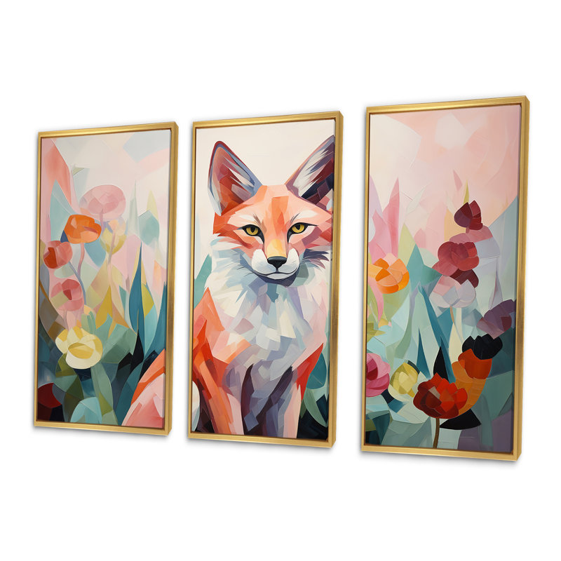 Art mural orange et renard rose dans le style Mattie I - renard, Cadre flottant doré, H 40 po x l 61 po
