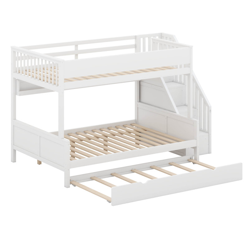 Full XL Over Queen Bunk Bed With Storage Shelves And Staircase,Trundle And LED Light, White