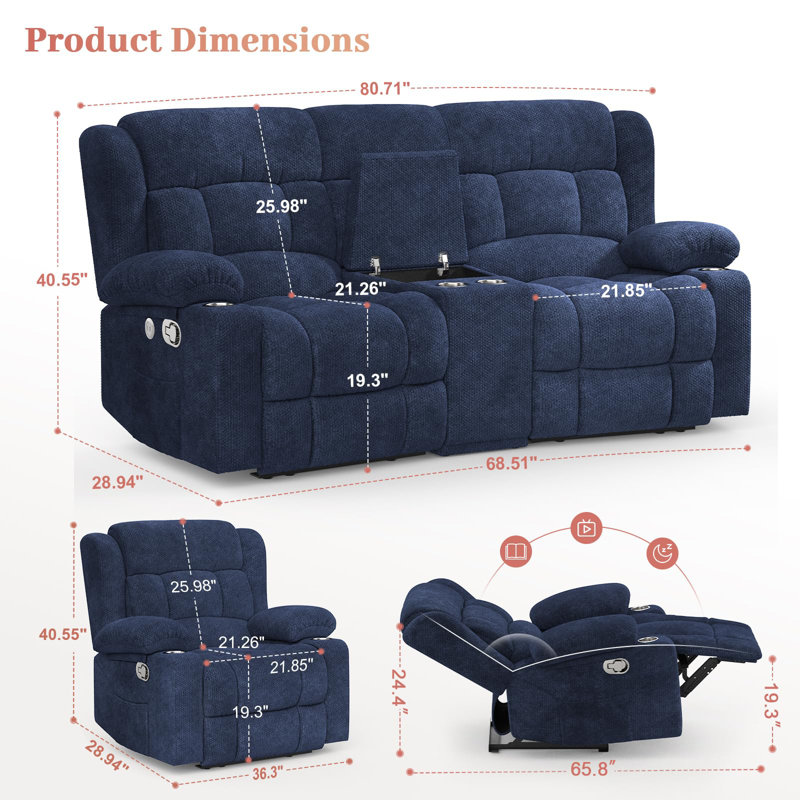 Loveseat Recliner Sofa, 2 Seater Curved Sofa for Living Room, Fabric Manual Pull Tab Reclining Loveseat with Storage Console, Recliner Loveseat Couches with USB Charge Ports, Cup Holders