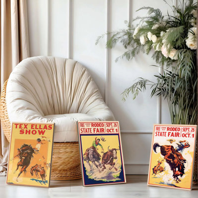 Ensemble de 3 affiches encadrées, de style western vintage, sur toile, avec des cowboys chevauchant des taureaux. Affiches rétro de la foire d'État du Texas. Décor rustique pour salon, chambre à coucher, ambiance western. Parfait pour une maison de campagne.