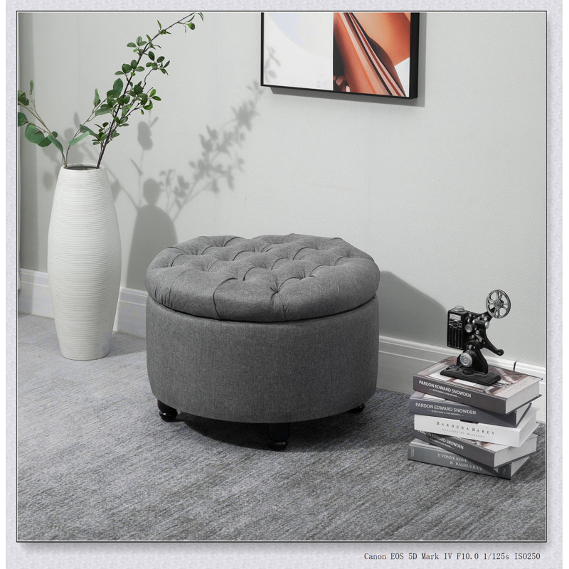 Round Linen-touch Fabric Storage Footstool Ottoman Button Tufted Footrest with Removable Lid, Grey