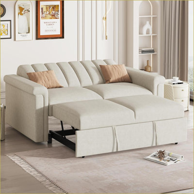 Sofas 2-Seat Convertible Sofa Bed | Woven Fabric Plywood Frame | Beige | Polyester