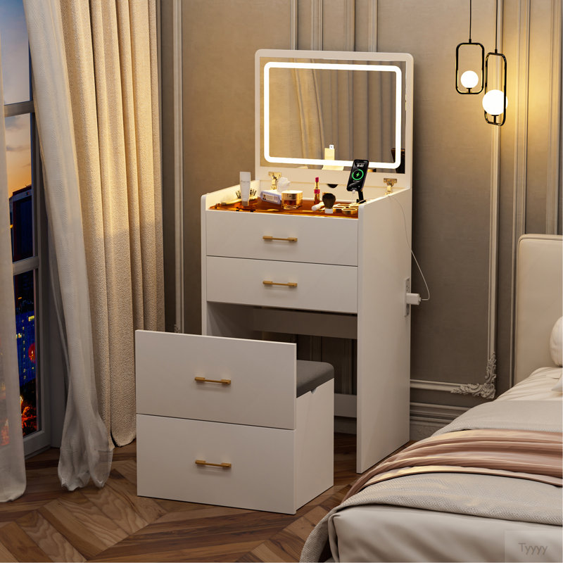 Meuble-lavabo 3 en 1 avec miroir ouvert, ensemble de coiffeuse avec bureau en verre visible, coiffeuse compacte avec 3 tiroirs et tabouret, coiffeuse pour chambre à coucher