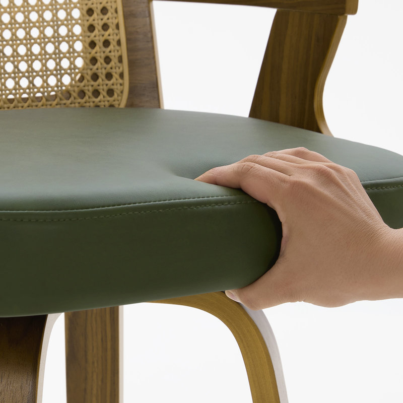 26.77" Upholstered Cane Back Counter & Bar Stool With Armrest, Green, 1