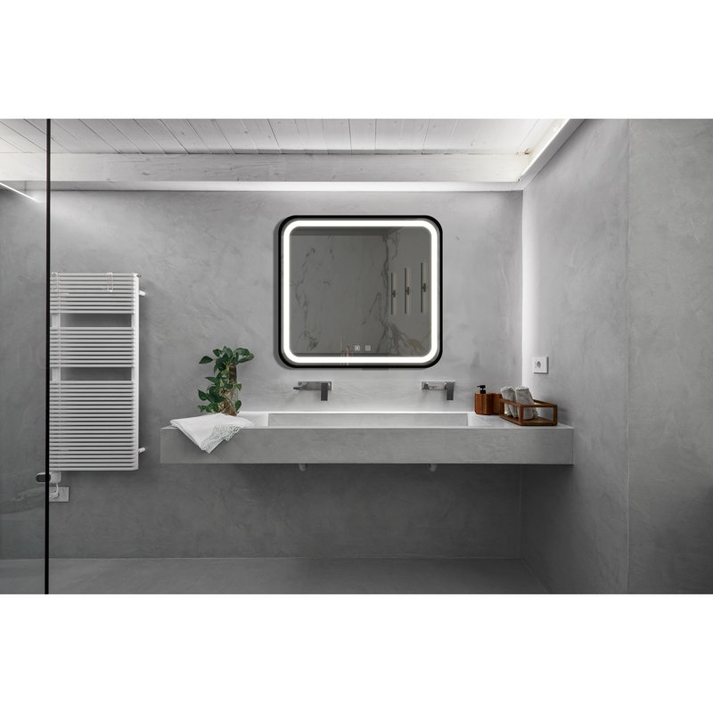Miroir de meuble-lavabo de salle de bain 32 po x 32 po avec fond de panier, cadre en alliage d'aluminium noir, luminosité élevée, tactile à intensité variable, contrôle de l'interrupteur mural, antibuée, réglable IRC 95 3000K-4500K-6000K, IP54 Waterpr