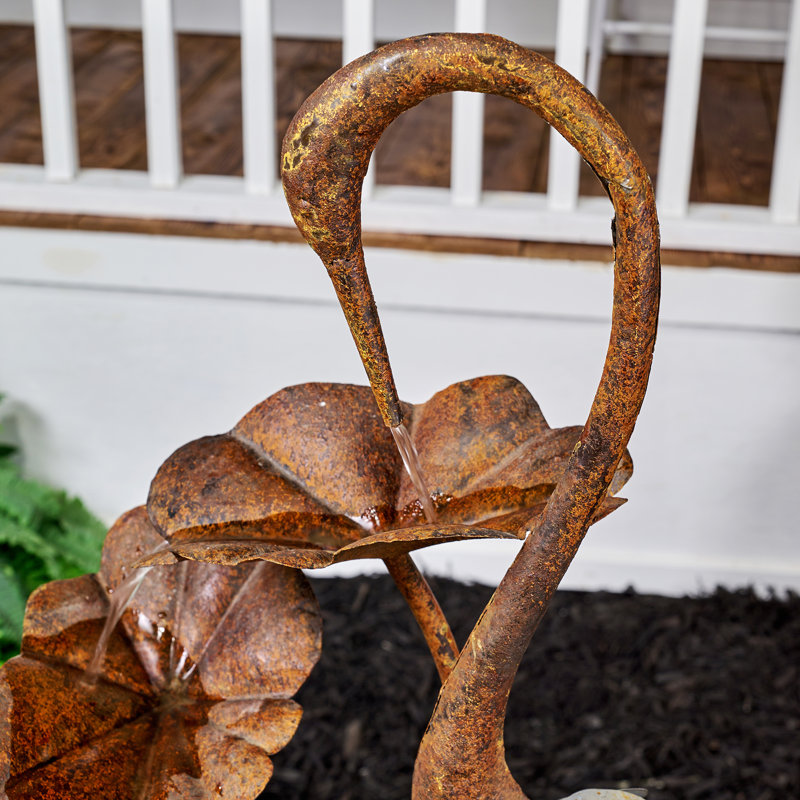 Rustic Metal Crane Fountain with Leaves in Galvanized Pail
