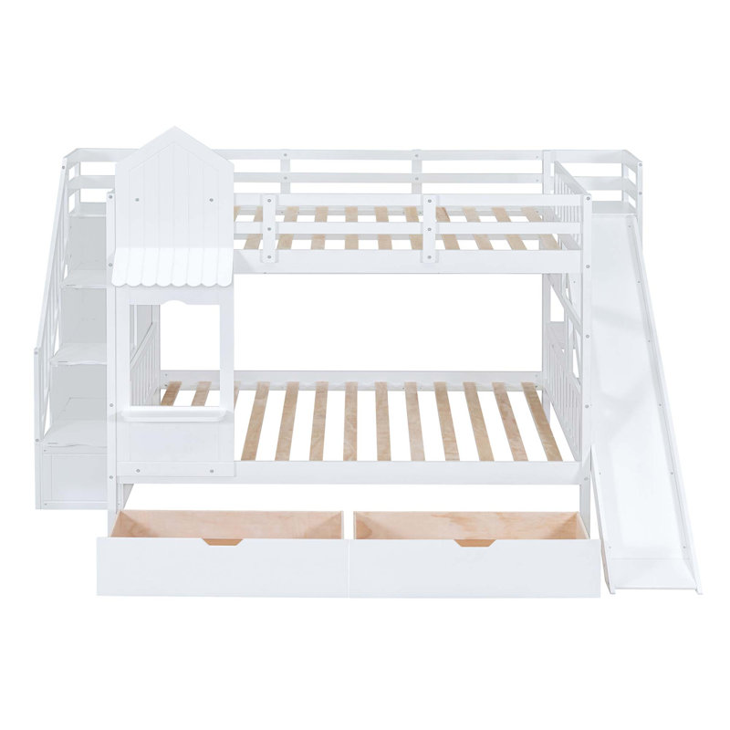 Lit superposé de style château avec rangement intégré et glissade de jeu, Blanc