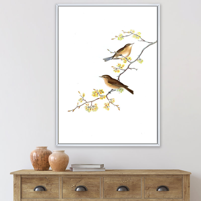 «Little Birds On The Tree Branches II», peinture sur toile, H 20 po x l 12 po x P 1po, Cadre flottant blanc