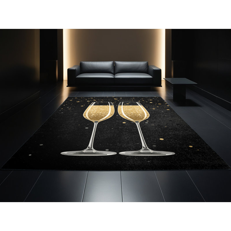 Soft Plush Fannin New Years Modern & Contemporary Abstract Area Rug in Black – Black Binding, 7x9
