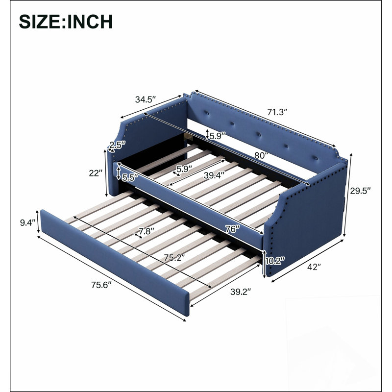 Upholstered Daybed With Trundle And Wood Slat Support, Combining Classic Design And Comfortable Sleeping For Guests