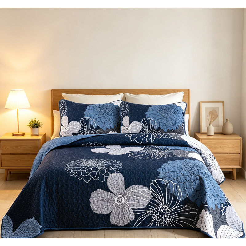 Flower Quilt Set Queen 3 Piece Boho Navy Blue