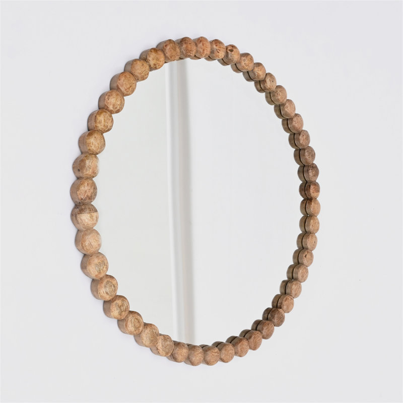Miroir mural décoratif décoratif rond avec cadre en perles de bois naturel, 32 po