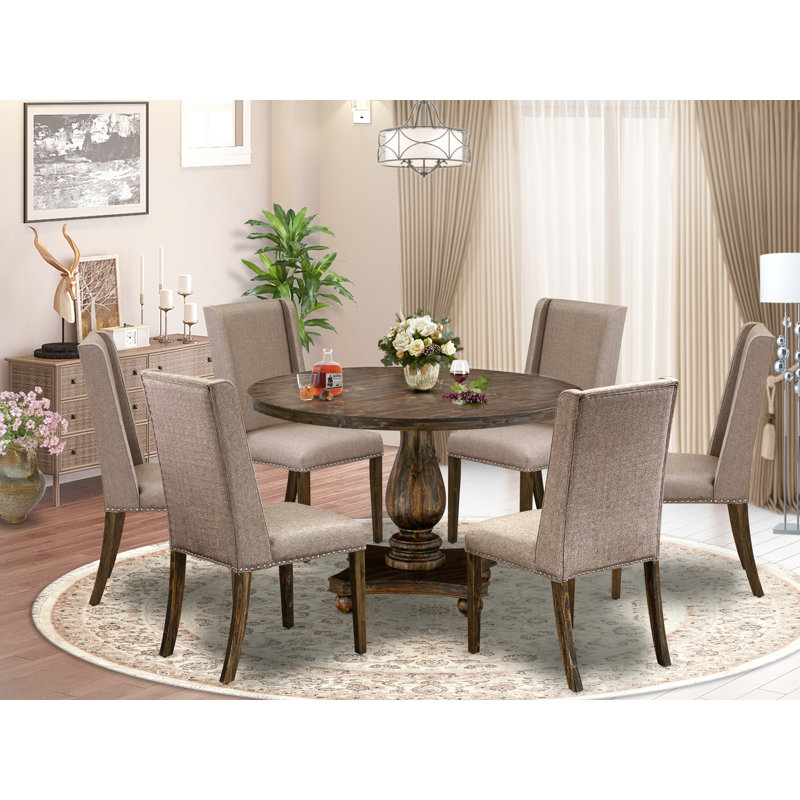Distressed Jacobean Finish Solid Wood Top Dining Table with Chairs with Lattice Back, 7
