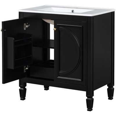 Meuble-lavabo de 30 po avec lavabo en céramique, solution de rangement rétro. Noir, bois véritable et fait, tiroir interne fonctionnel avec deux portes en option. Thème, surface lisse