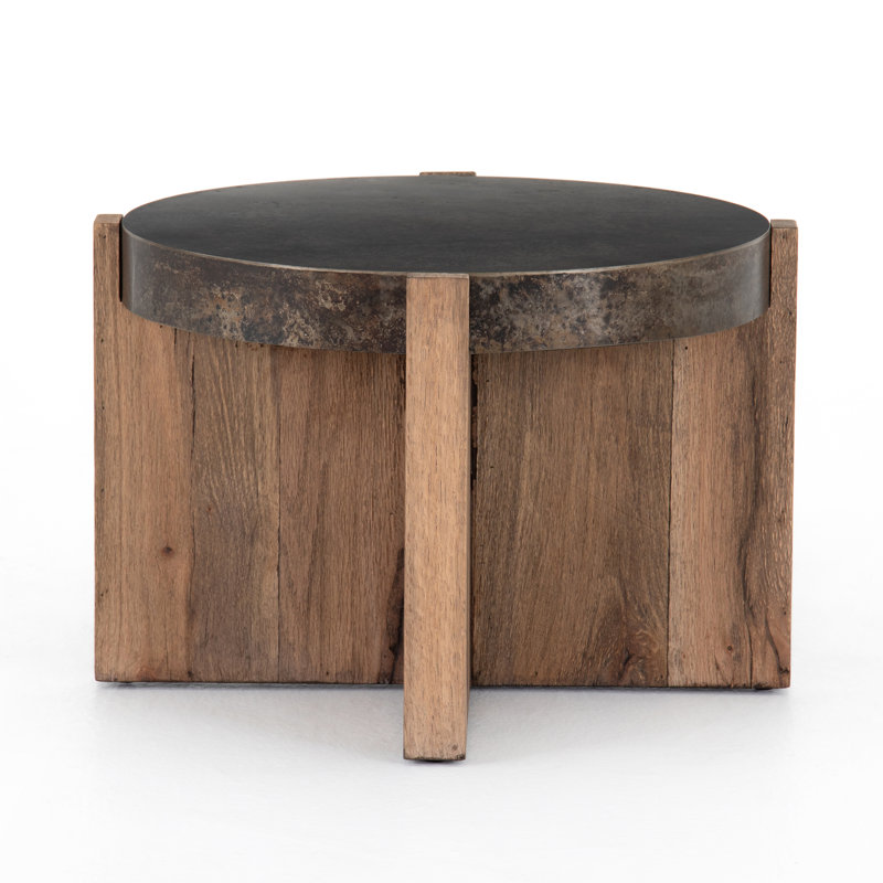 Round Black and Brown Wood Metal Side Table