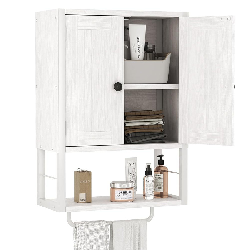 Rustic Wall Mounted Medicine Cabinet, White Wood Storage Cabinet with Two Barn Doors, Shelf and Towel Bar for Bathroom, Living Room, Kitchen, White