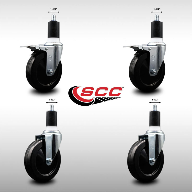 5 Inch SS Soft Rubber Swivel 1-1/2 Inch Expanding Stem Caster Set 2 Total Lock Brakes