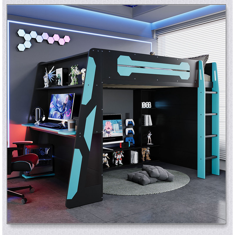 Wood Loft Bed With Desk, Multi-Storage Shelves And RGB Light, Bleu / Noir