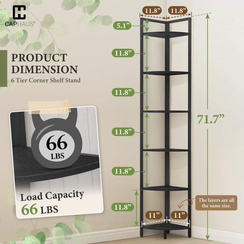 6 Tier Corner Shelf, 71.1-Inch Tall Bookshelf, Display Rack With Metal Frame, Round Shelf Unit, Stand for Bathroom, Living Room, Home, Office, Black
