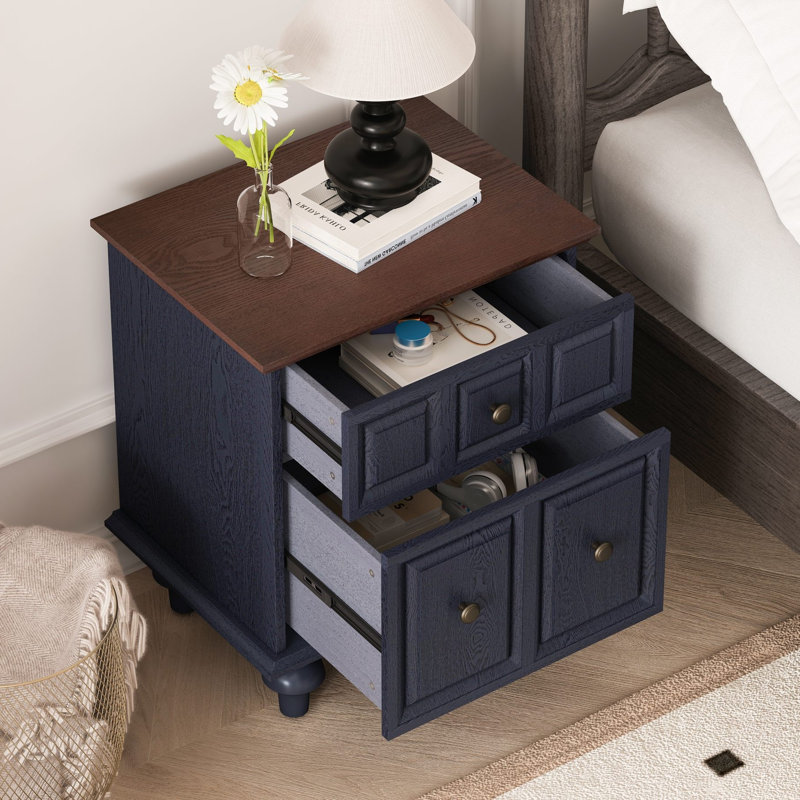 Vintage Nightstand With 2 Drawers (Set Of 2), Set of 2, Dark Blue
