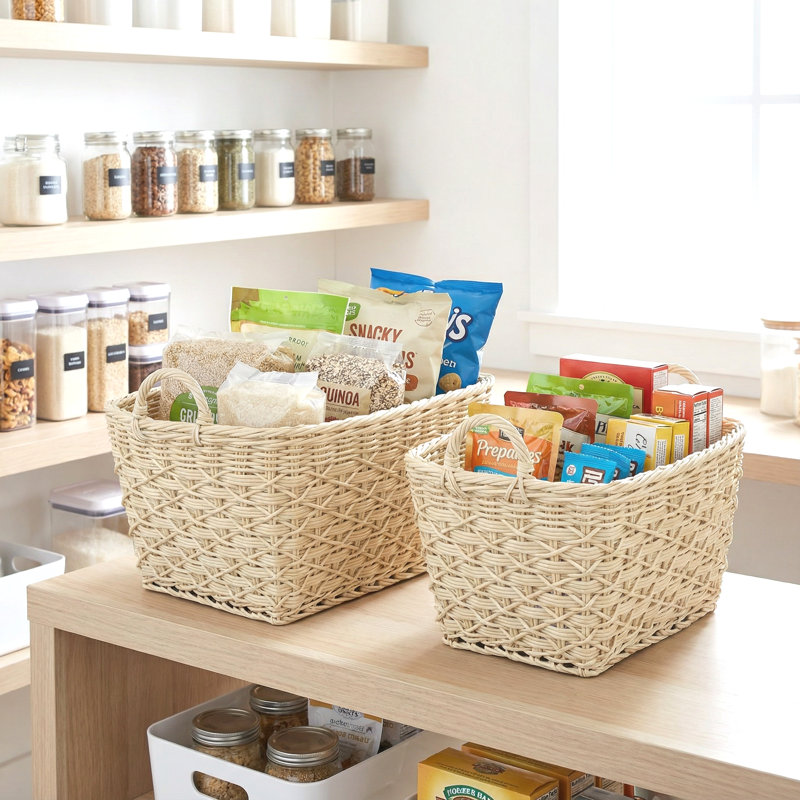 Swar 2-Piece White Rectangular Resin Wicker Storage Basket Set, Large Decorative Baskets for Shelves, Closet, Pantry, Bathroom, Nursery & Laundry