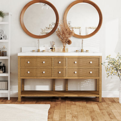 Meuble-lavabo double 60 po en bois massif avec plateau en quartz, entièrement assemblé