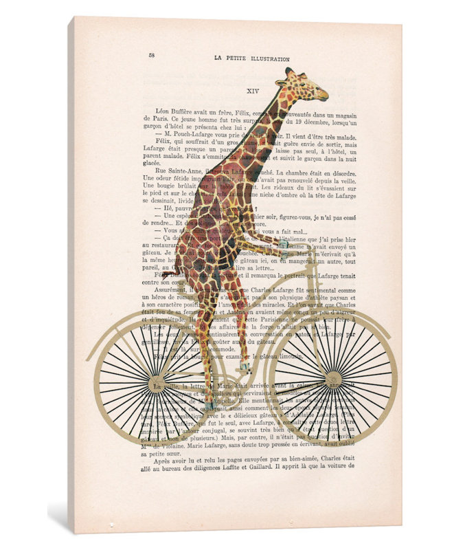 « rétro paper series : giraffe on bicycle », impression sur toile tendue, H 26 po x l 18 po x P 1,5 po