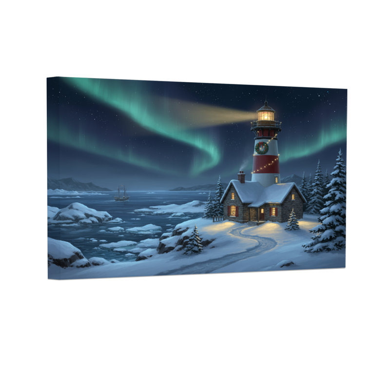 Christmas Northern Lights Lighthouse Winter Scene