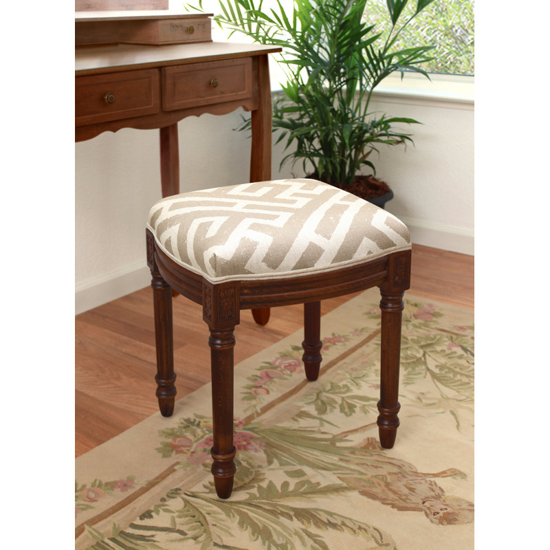 Tabouret de coiffeuse en lin moutarde rembourré en lin avec finition blanc antique et passepoil, Noyers, Taupe