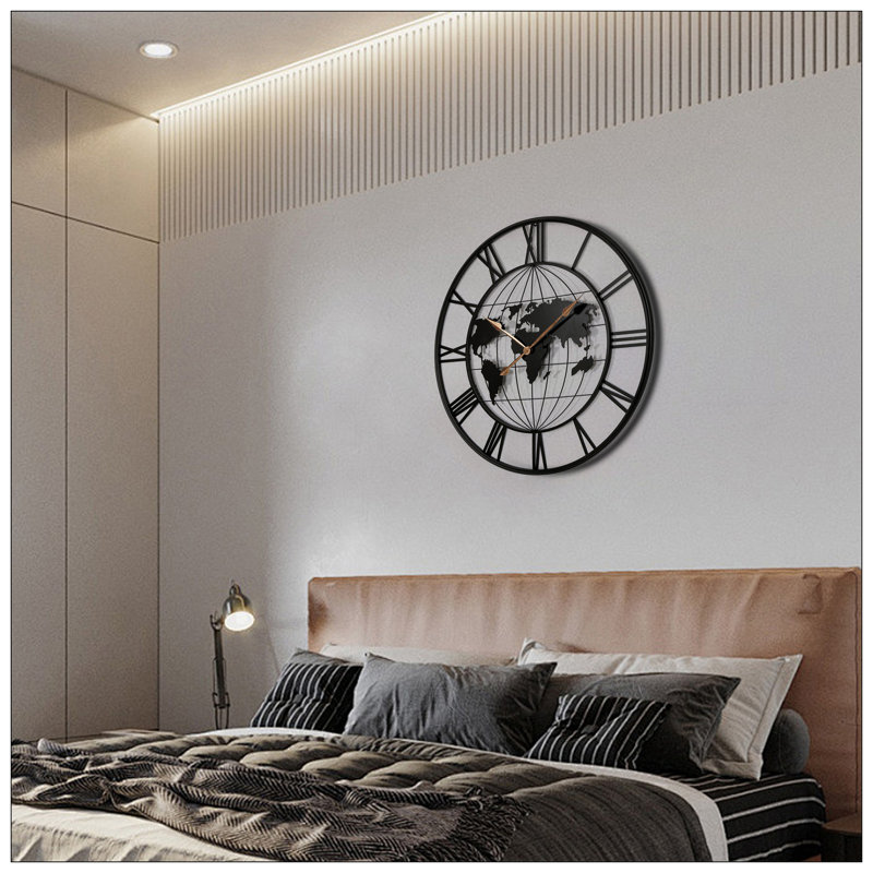 Grande horloge murale en métal, horloge murale carte du monde moderne silencieuse avec pointeurs, décorative pour le salon, le vestibule, la salle à manger, la chambre à coucher