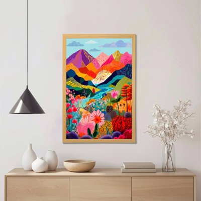 Paysage de montagne coloré avec fleurs et rivière, reproduction d'art sur toile tendue sur toile, ensemble de 1