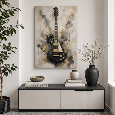 Illustration de guitare électrique noire, images de salle de musique, impression sur toile encadrée
