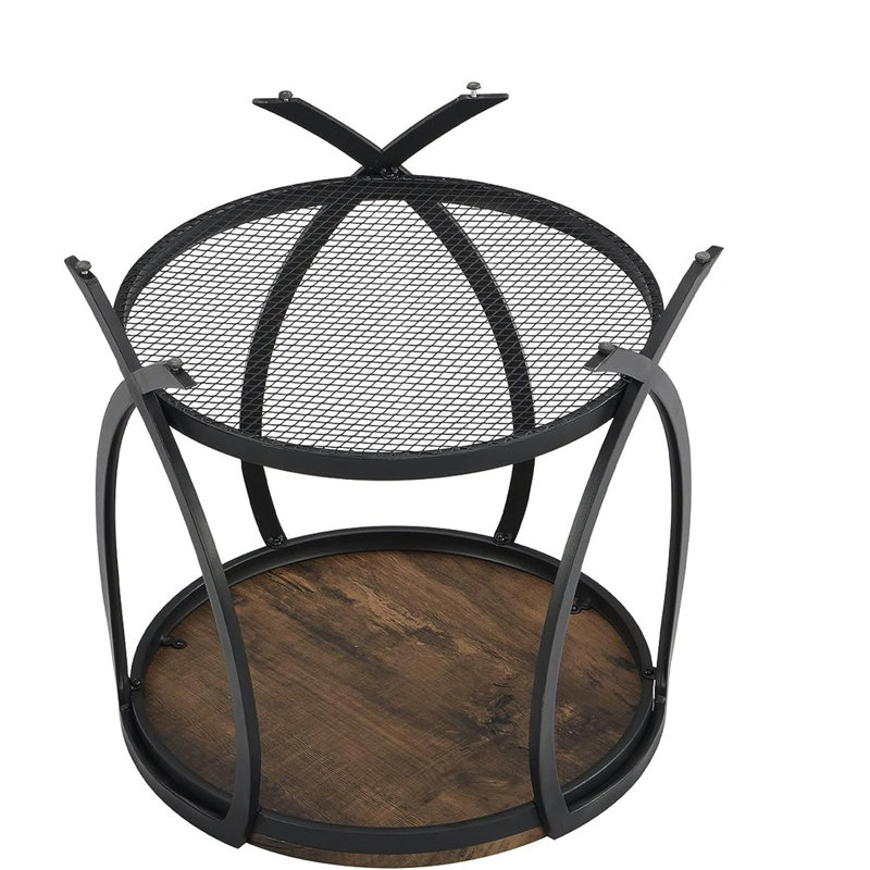 Rustic Brown Round Wood and Metal End Table with Storage Shelf