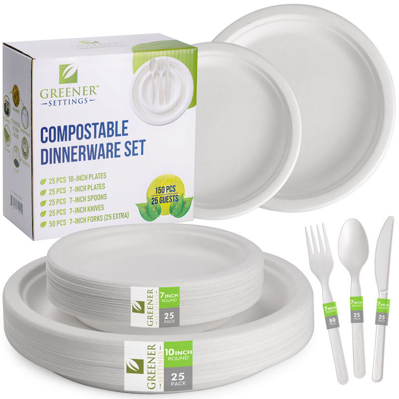 Compostable Disposable Paper Plates Combo and Utensil Set - 25 Sets